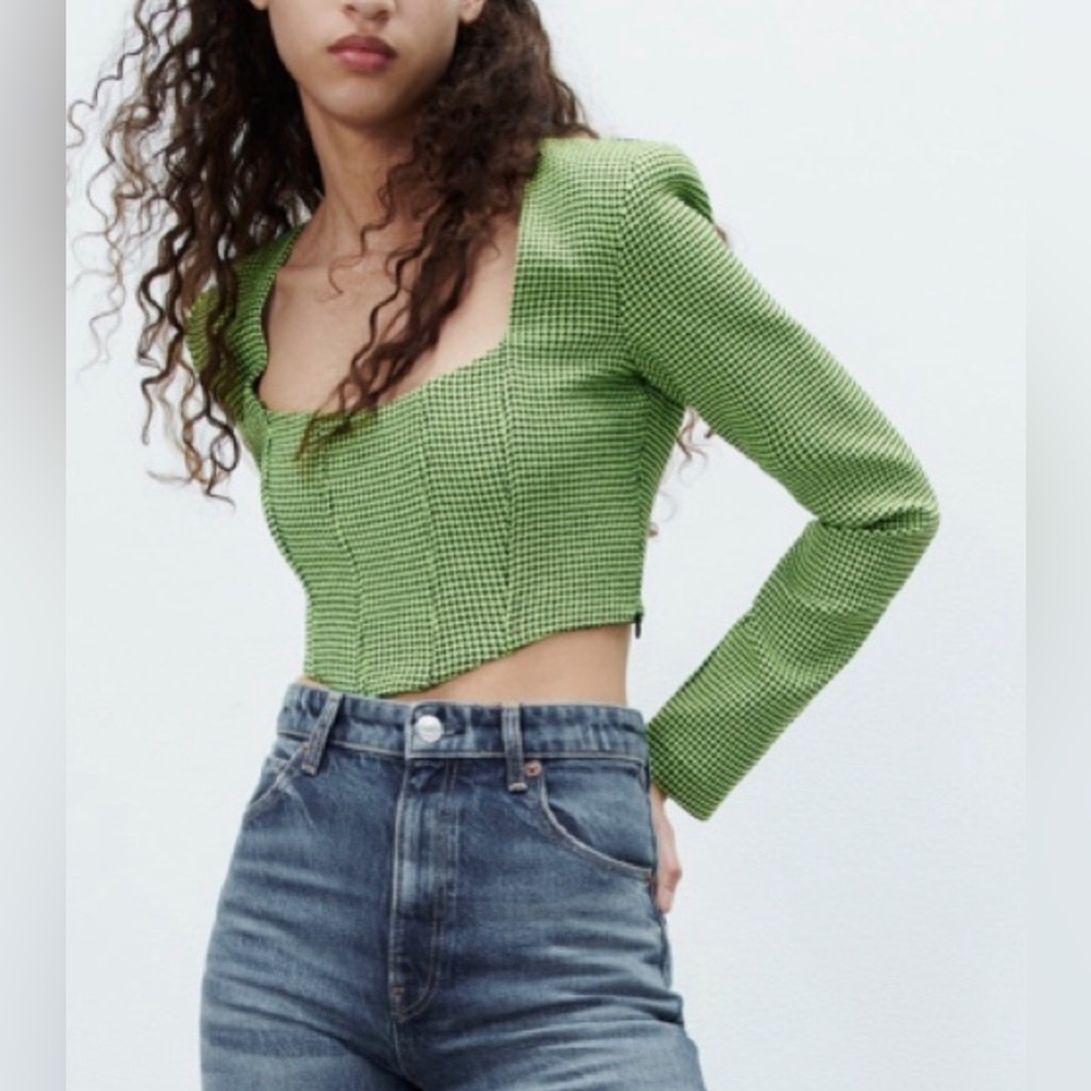 Zara women’s green houndstooth crop top blouse size small new - Picture 2 of 7